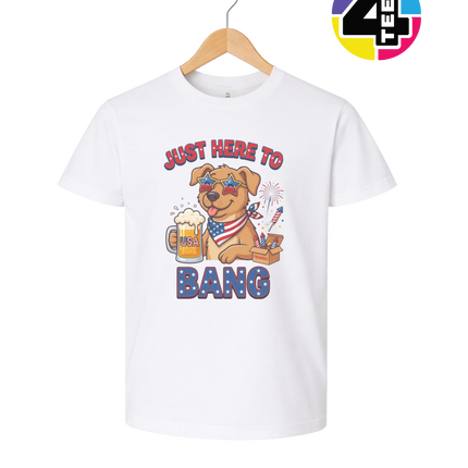 Just Here to Bang Patriotic Pup Youth Tee