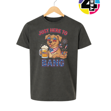 Just Here to Bang Patriotic Pup Youth Tee