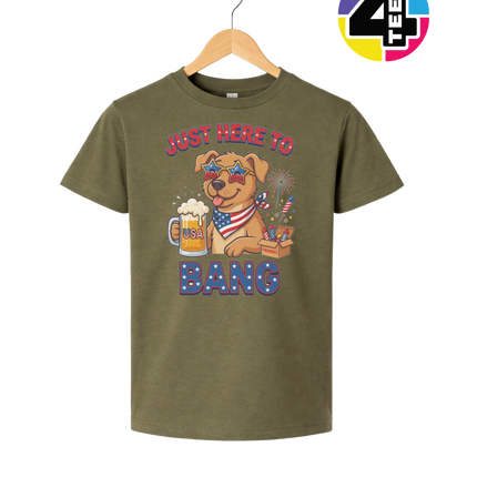 Just Here to Bang Patriotic Pup Youth Tee